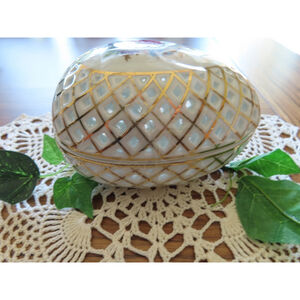 VTG Jewelry Porcelain Egg Trinket Box Open Basket Weave Floral Pink Rose